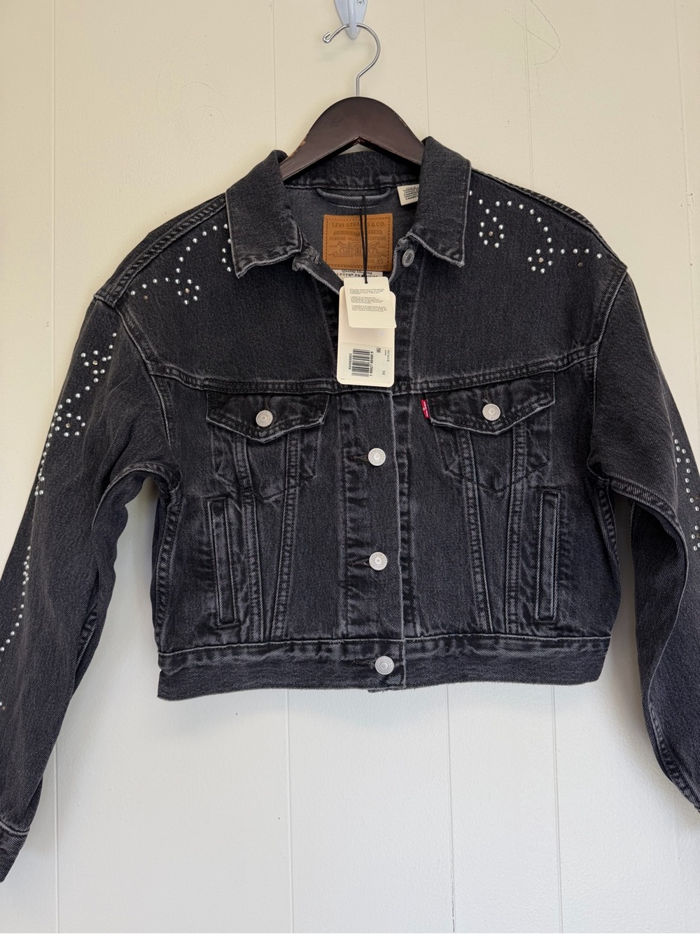 NWT LEVI’S 90s Shrunken Trucker Denim Jacket Jewel Studded Black XS - Picture 6 of 12
